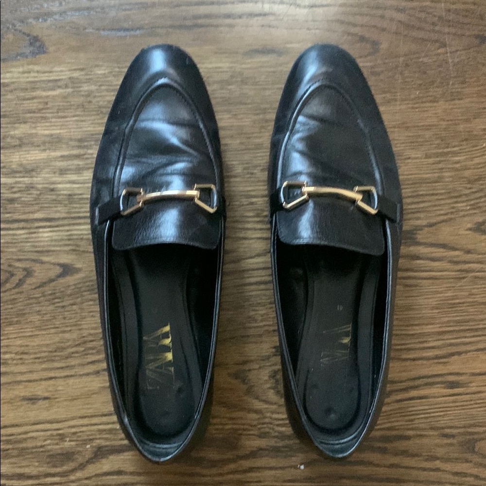 Zara Black and Gold Slip-On Loafers